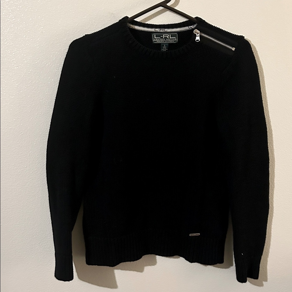 Lauren Ralph Lauren Cotton Black Crewneck Sweater Shoulder Zipper Elbow Patches